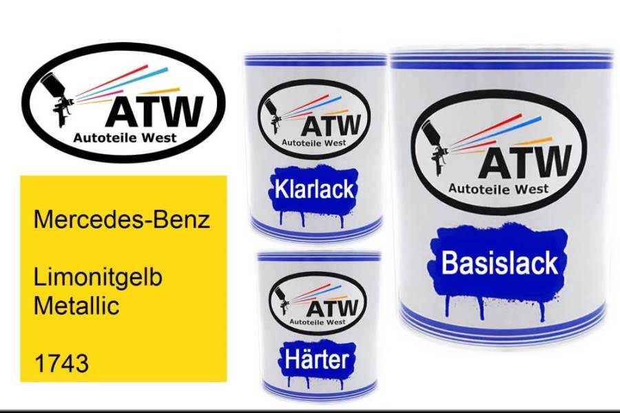 Mercedes-Benz, Limonitgelb Metallic, 1743: 1L Lackdose + 1L Klarlack + 500ml Härter - Set, von ATW Autoteile West.